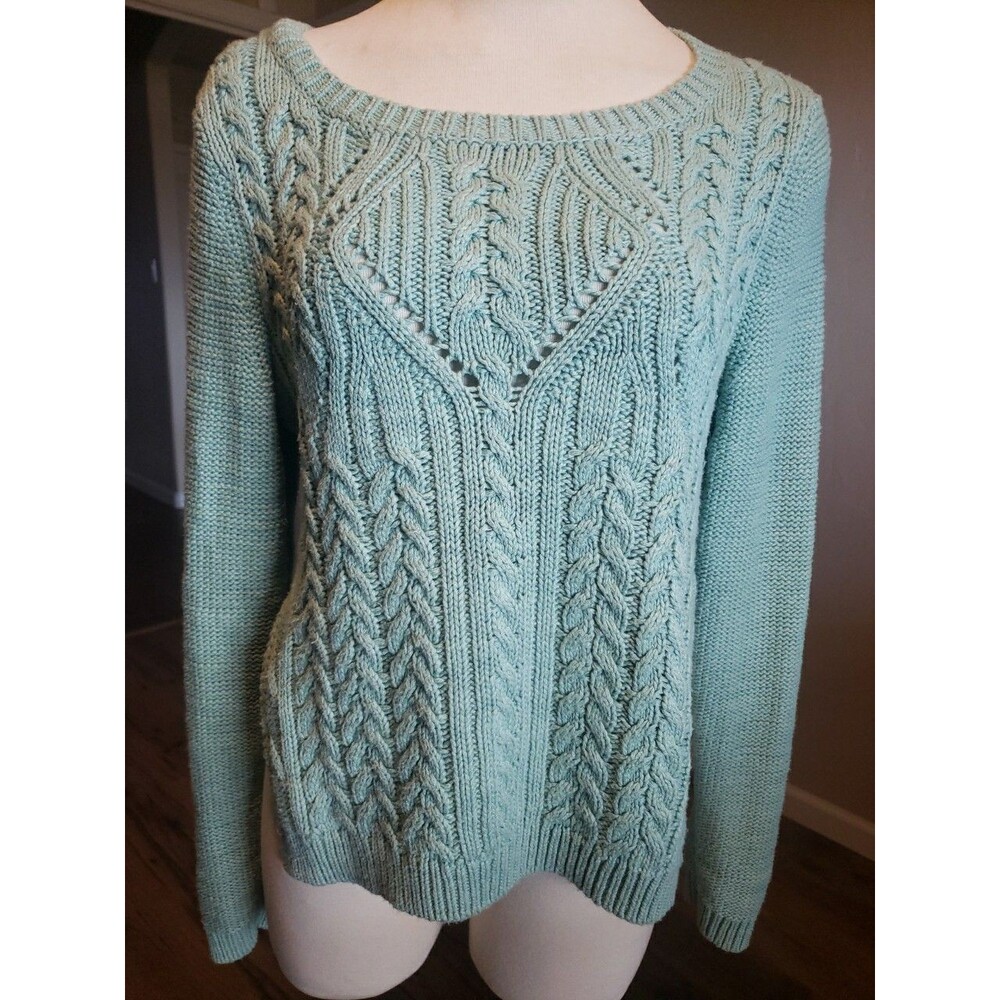 Anthropologie Moth Sweater Green Cable Knit Womens Size L Chunky Soft Pullover